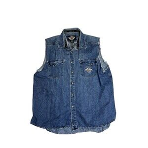 Vtg Harley Davidson 2XL Genuine Biker Vest Cut Off Snap On Denim Motorcycle